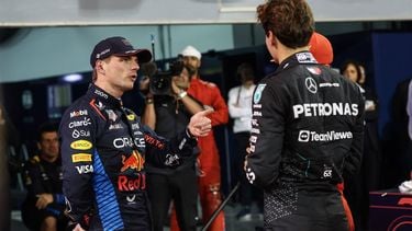 epa11191685 Dutch Formula One driver Max Verstappen of Red Bull Racing and British Formula One driver George Russell of Mercedes-AMG Petronas talk after the Qualifying for the Formula One Bahrain Grand Prix, in Sakhir, Bahrain, 01 March 2024. The 2024 Formula 1 Bahrain Grand Prix is held on 02 March.  EPA/ALI HAIDER / POOL