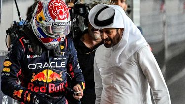 Red Bull Racing's Dutch driver Max Verstappen (L) chats with FIA president Mohammed Ben Sulayem after the qualifying session ahead of the Qatari Formula One Grand Prix at the Lusail International Circuit on October 6, 2023. 
Ben Stansall / AFP