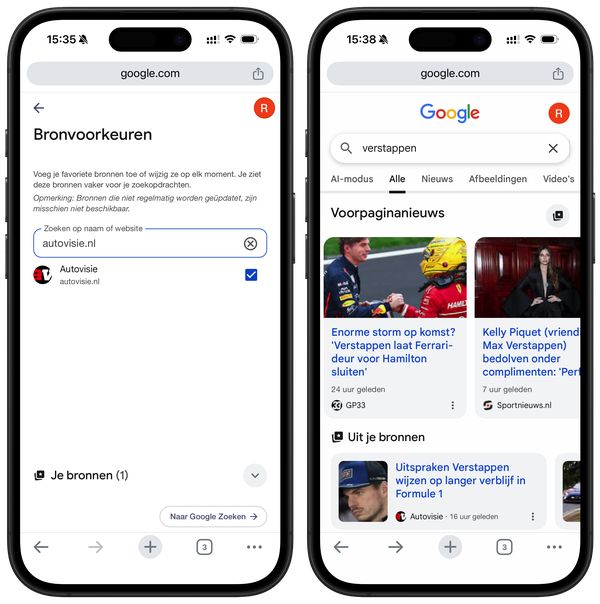 Autovisie voorkeursbron Google screenshot