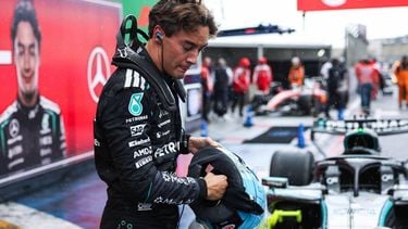 Mercedes' British driver George Russell celebrates after winning the sprint race ahead of the Formula One Dutch Grand Prix at The Circuit Zandvoort, western Netherlands, on August 22, 2026. 
SIMON WOHLFAHRT / AFP