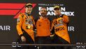 epa12030249 (L-R) First-placed McLaren driver Oscar Piastri of Australia ,McLaren team principal Andrea Stella and third-placed McLaren driver Lando Norris of Britain celebrate on the podium after the Formula One Bahrain Grand Prix in Sakhir, Bahrain, 13 April 2025.  EPA/ALI HAIDER