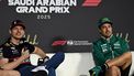 Red Bull Racing's Dutch driver Max Verstappen (L) and Aston Martin's Spanish driver Fernando Alonso attend a press conference ahead of the 2023 Saudi Arabia Formula One Grand Prix at the Jeddah Corniche Circuit on April 17, 2025. 
GABRIEL BOUYS / AFP