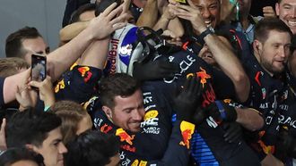 epa11209770 Red Bull Racing driver Max Verstappen of Netherlands celebrates with team members after winning the Formula 1 Saudi Arabia Grand Prix at the Jeddah Corniche Circuit in Jeddah, Saudi Arabia, 09 March 2024.  EPA/ALI HAIDER