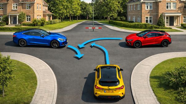 Drie auto’s komen allemaal van rechts op een T-splitsing, wie heeft er voorrang?