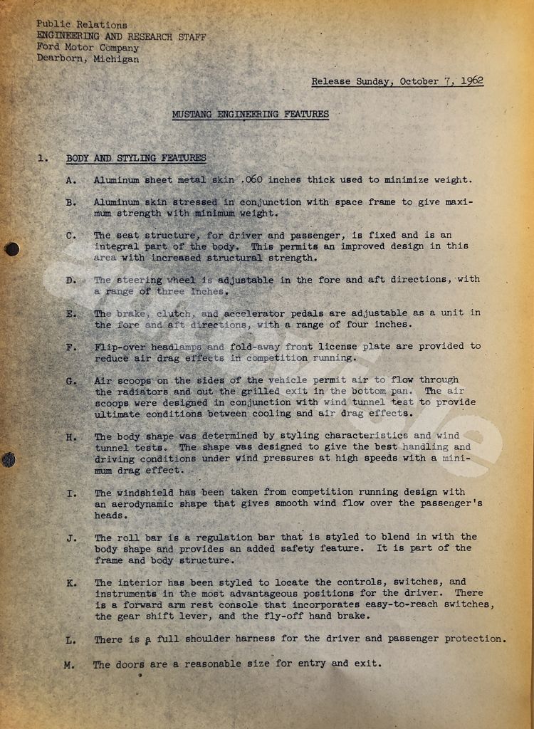 Press release Ford Mustang 1962 - archief House of Petrolhead