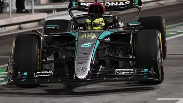 Mercedes' British driver Lewis Hamilton races out of the pit during the first practice session for the Las Vegas Formula One Grand Prix on November 21, 2024, in Las Vegas, Nevada.  
Patrick T. Fallon / AFP
