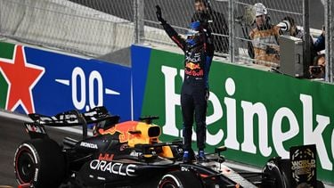 Red Bull Racing's Dutch driver Max Verstappen celebrates his fourth consecutive Formula One world title after the Las Vegas Formula One Grand Prix in Las Vegas, Nevada on November 23, 2024.  
Patrick T. Fallon / AFP