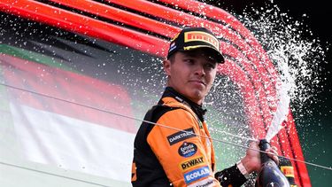 Winner McLaren's British driver Lando Norris celebrates during the podium ceremony after the Formula One Dutch Grand Prix at The Circuit Zandvoort, western Netherlands, on August 25, 2024. 
JOHN THYS / AFP