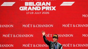 First-placed Mercedes' Italian driver Kimi Antonelli celebrates with the trophy on the podium after competing in the Formula One Belgian Grand Prix at the Spa-Francorchamps circuit, in Spa, on July 19, 2026.  
JOHN THYS / AFP