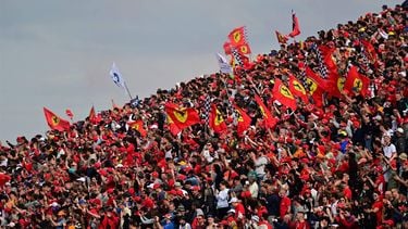 Ferrari and other Formula One fans watch the sprint race at the Autodromo Internazionale Enzo e Dino Ferrari race track in Imola, Italy, on April 23, 2022,  ahead of the Formula One Emilia Romagna Grand Prix. 

ANDREJ ISAKOVIC / AFP