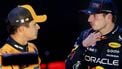 DOHA - Lando Norris (McLaren) en Max Verstappen (Red Bull Racing) na afloop van de kwalificatie op het Lusail International Circuit voor de Qatar Grand Prix. ANP SANDER KONING