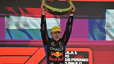 Red Bull Racing's Dutch driver Max Verstappen raises the trophy at the podium of the Formula One Sao Paulo Grand Prix, at the Jose Carlos Pace racetrack, aka Interlagos, in Sao Paulo, Brazil, on November 3, 2024. 
NELSON ALMEIDA / AFP