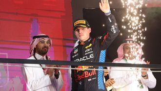 epa11209848 Winning Red Bull Racing driver Max Verstappen of Netherlands celebrates on the podium after the Formula 1 Saudi Arabia Grand Prix at the Jeddah Corniche Circuit in Jeddah, Saudi Arabia, 09 March 2024.  EPA/ALI HAIDER
