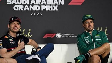 Red Bull Racing's Dutch driver Max Verstappen (L) and Aston Martin's Spanish driver Fernando Alonso attend a press conference ahead of the 2023 Saudi Arabia Formula One Grand Prix at the Jeddah Corniche Circuit on April 17, 2025. 
GABRIEL BOUYS / AFP