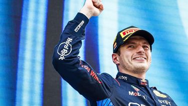 MONTMELO - Max Verstappen (Red Bull Racing) viert zijn overwinning tijdens de Formule 1 Grote Prijs van Spanje op het Circuit de Catalunya. ANP SEM VAN DER WAL