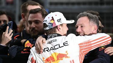 Red Bull Racing's Dutch driver Max Verstappen (L) celebrates winning the Formula One Japanese Grand Prix with Red Bull Racing's British team principal and CEO Christian Horner at the Suzuka circuit in Suzuka, Mie prefecture, Japan on April 6, 2025.  
Philip FONG / AFP