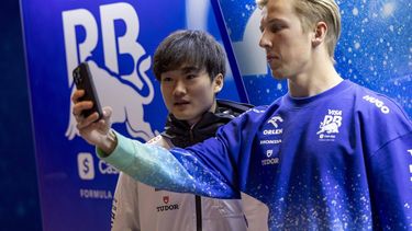 epa11733979 Japanese driver Yuki Tsunoda (L) of Racing Bulls and New Zealand's Formula One driver Liam Lawson of Racing Bulls film a message prior to free practice session 1 for the Formula One Las Vegas Grand Prix in Las Vegas, USA, 21 November 2024. The 2024 Formula One Las Vegas Grand Prix is held at the Las Vegas Strip Circuit on 24 November.  EPA/SHAWN THEW